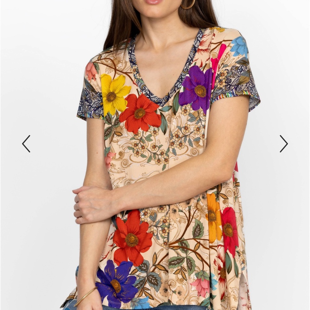 Johnny Was Floral V-Neck Blouse with Multicolor Design